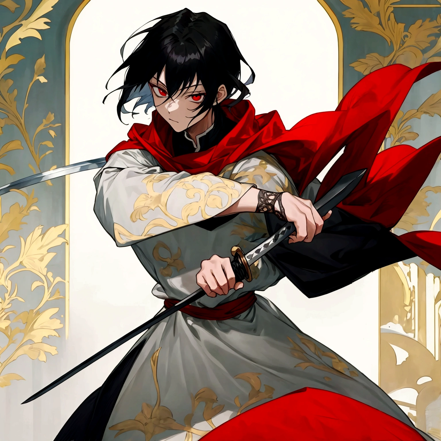 (Obra-prima, melhor qualidade: 1.2) Anime boy, black hair , red eyes , medieval clothes , Swordsman