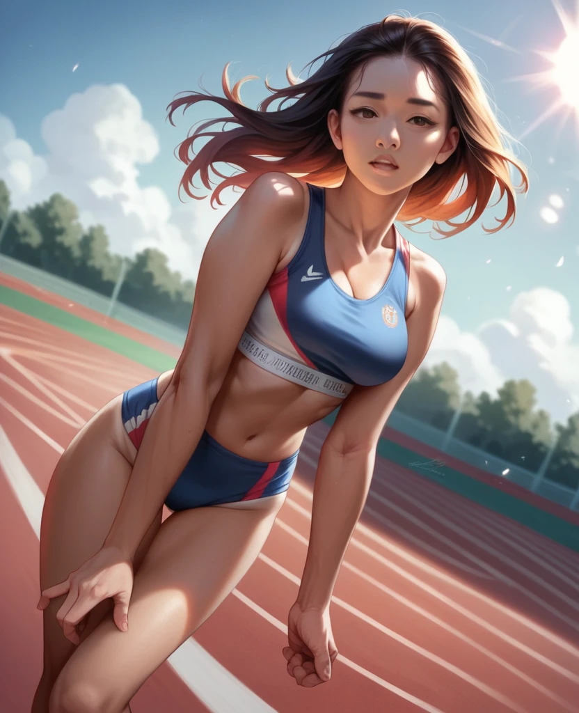 An Asian runner in a sports bra having steamy on the track, blazing hot sun, tanned, ultra high definition, photorealistic, 4K, for