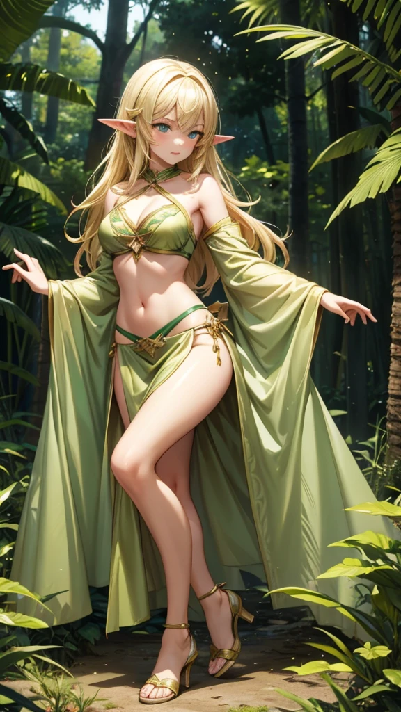 Blonde pointy-eared young elf，Green gold pattern bikini，Bare waist，Long skirt，thong，cleavage，thigh，forest