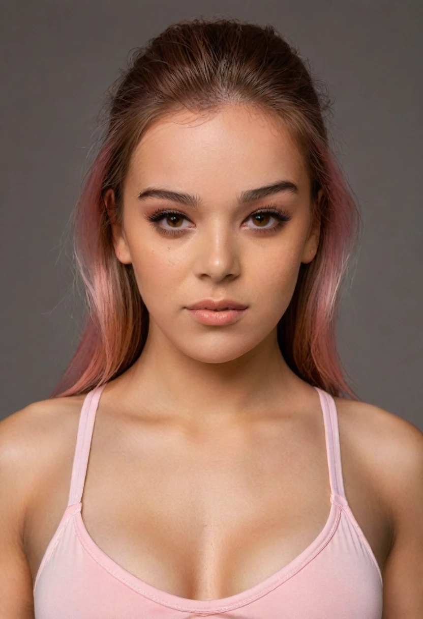 ((full body)) (high quality, 8k ultra hyper realistic detailed full photo of a beautiful spanish girl 20 to 25 years old) ( pink faded hair styled in long and light brown eye color with) ((Body measurement 34-22-32 inch, and Bra Size/Cup Size: 32C)) (( jawline of125.5° in profile view, and is vertically positioned at the level of the stomion or upper lip, and the face has an intergonial-interzygomatic width ratio of 0.83:1. )) ((wearing sportswear)) (street background )