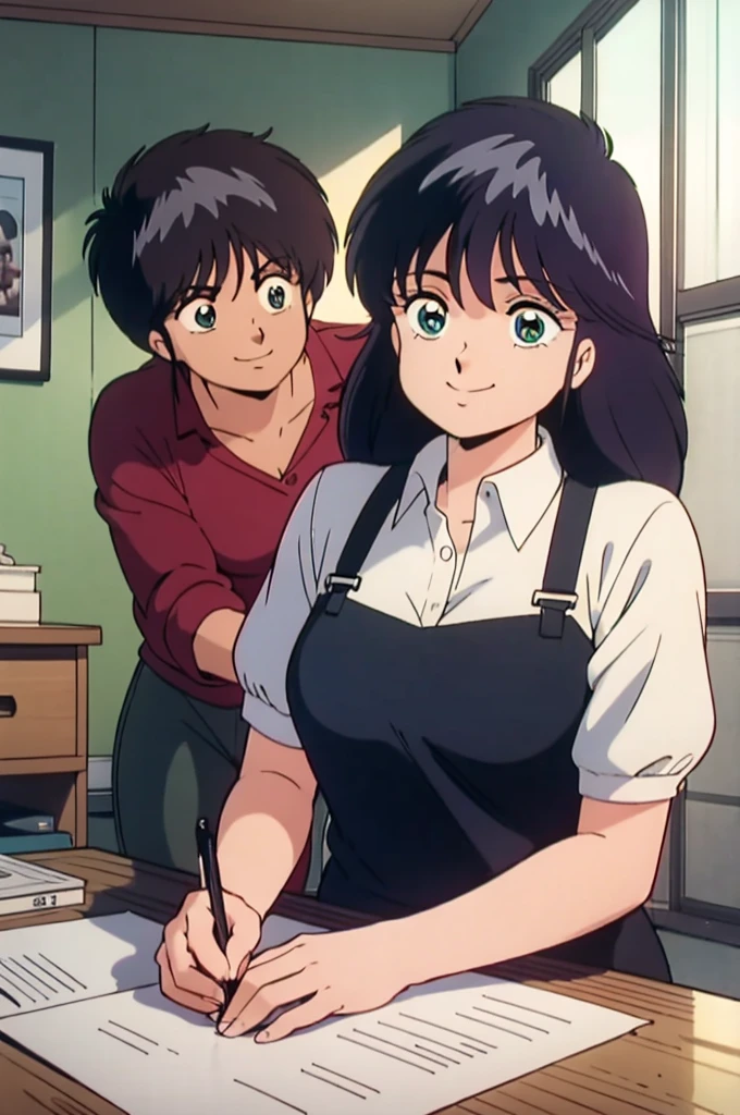 There are two people in the room, One is a woman and the other is a man, At work, High resolution, Madoka Ayukawa,, On the desk,, smile, Beautiful Face,