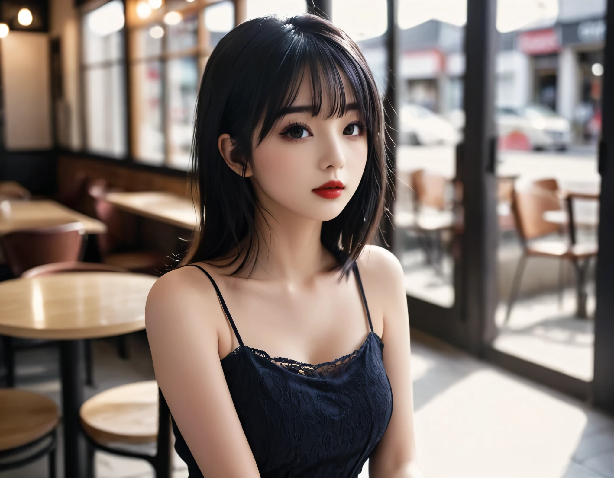 a girl，cute and pretty face，Long straight black hair，Long bangs covering eyes，long eyelashes，(Fine eyes)，small eyes，(half-closed eyes)，(Dark lipstick)，(Dark eyeshadow)，Slim body，Large breasts，Slender limbs，spaghetti strap dress，outnside an old coffee shop，clean focus，shallow Depth of Field，Ultra-detailed faces，very beautiful face，Extremely high texture skin，Look to viewer，beautiful legs，seductive，femainine pose，(realistic ，realistic-photo，RAW photo，8K original)，lens flare，film grain，artistic photography，UHD，highres，masterpiece，retina，