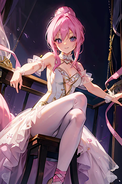A pink haired woman with violet eyes with an hourglass figure in a ballet uniform with her hair in a bun is sitting on the stage with a big smile