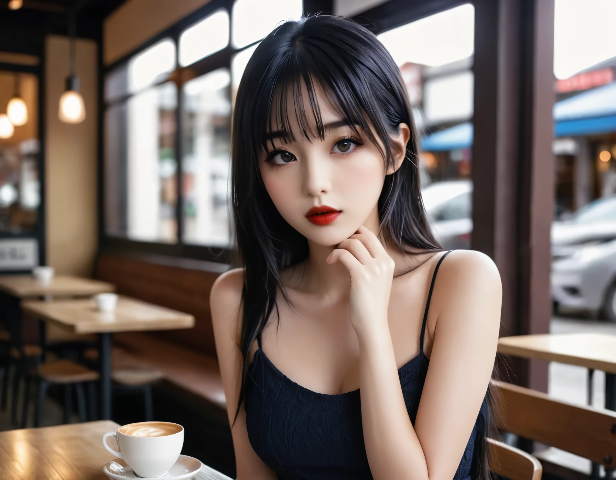 a girl，cute and pretty face，Long straight black hair，Long bangs covering eyes，long eyelashes，(Fine eyes)，small eyes，(half-closed eyes)，(Dark lipstick)，(Dark eyeshadow)，Slim body，Large breasts，Slender limbs，spaghetti strap dress，outnside an old coffee shop，clean focus，shallow Depth of Field，Ultra-detailed faces，very beautiful face，Extremely high texture skin，Look to viewer，beautiful legs，seductive，femainine pose，(realistic ，realistic-photo，RAW photo，8K original)，lens flare，film grain，artistic photography，UHD，highres，masterpiece，retina，