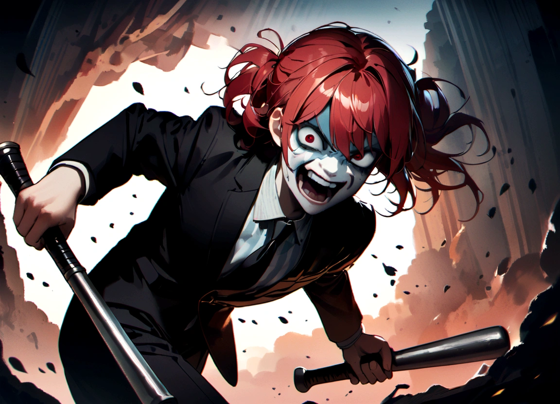 Red hair、Black suit、Black slacks、Wearing leather shoes、holding a silver metal baseball bat、Scary face