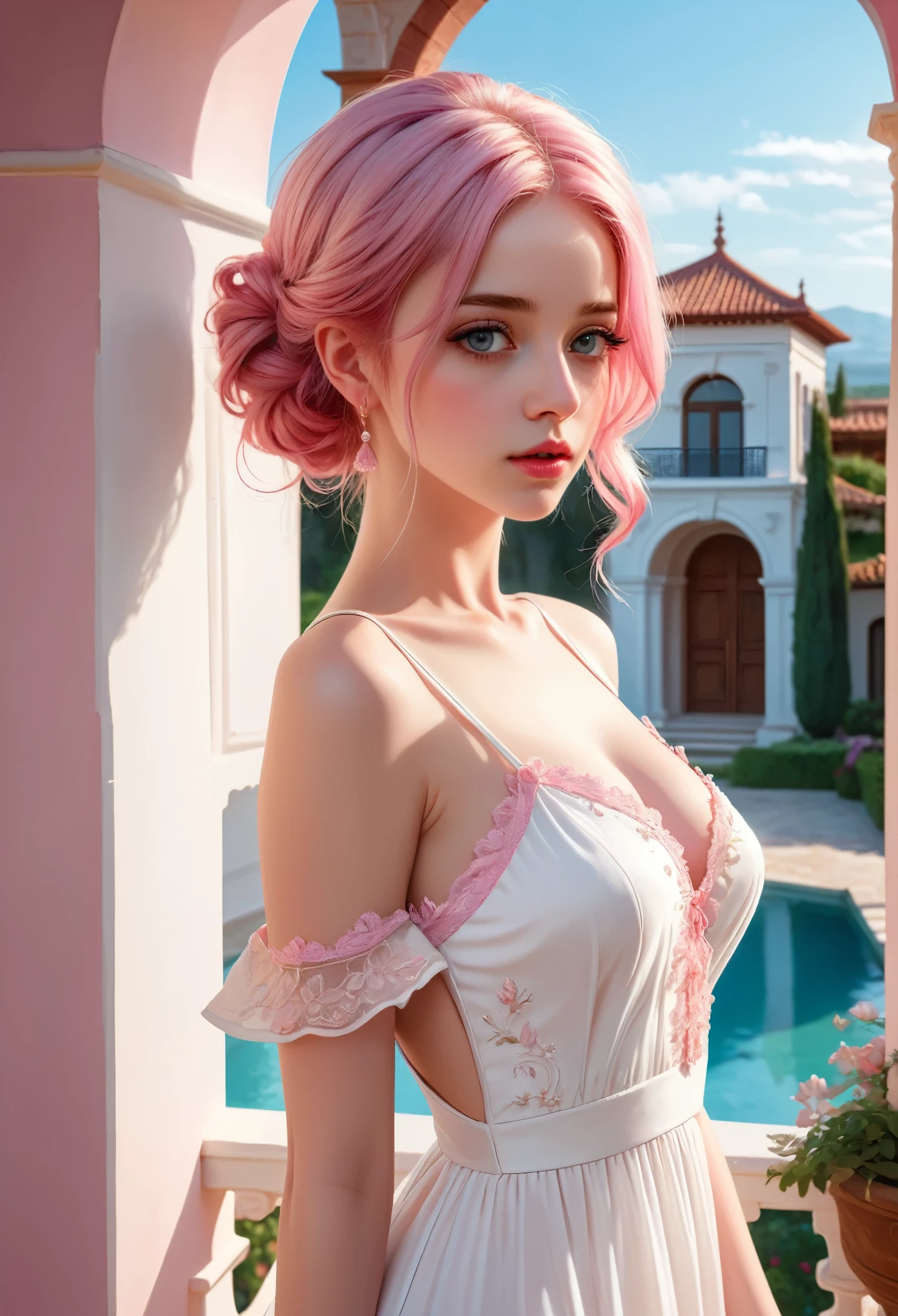 masterpiece, best quality, Very detailed, illustration, Beautiful and delicate eyes, close up, 1 girl, Pink Hair, White Dress, Villa entrance, Standing, Face down