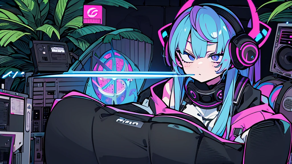 Best quality, (masterpiece:1.2), best detail face,1 girl, big breasts, 18 yo, 8k,absurdres,unity 8k wall paper,(extremely detailed:1.3), highest realistic, (retro headphones:1.1), (soft neon light:1.1), (floating hair:1.2), (psychedelic:1.2), Her room full of music equipment and plants, Leaning back on the chair with a casual attitude, Light clothing in summer, dark grey color palette