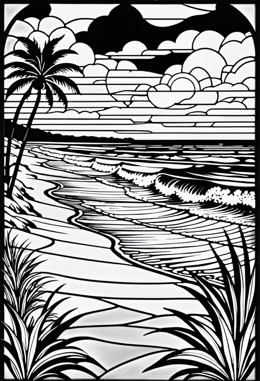 Stained glass image of a beach. black and white, black and white colors, no shade, no very black areas