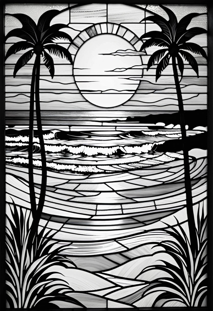Stained glass image of a beach. black and white, black and white colors, no shade, no very black areas