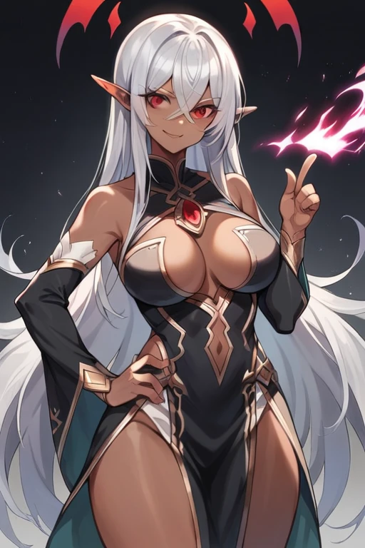 (masterpiece, best quality),dark elf,((dark skin)),long hair（silver hair）,large breasts（slender body）,((put one hand on hips)),hairs between eyes, crossed bangs,ruby red eyes,small eyes,white  Leather light clothing,evil smile,battle aura,Index finger pointing up（On your index finger fire magic）,