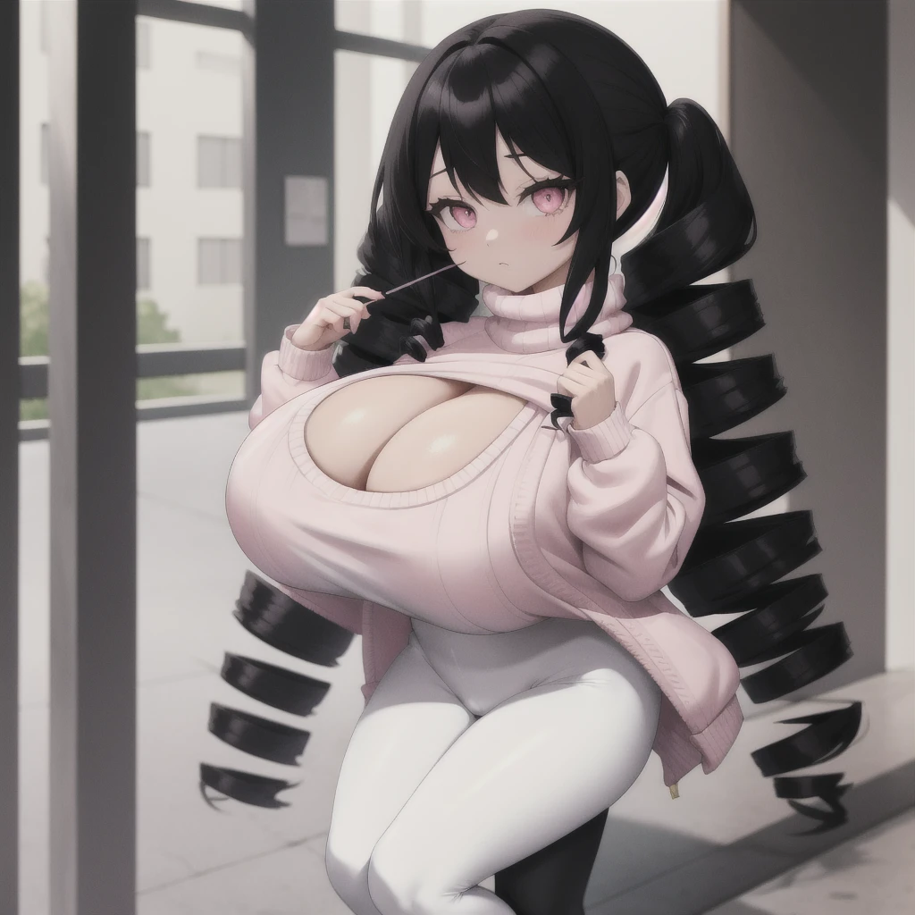 black hair, female, twin drills, solo, smol, pink eyes, massive breasts, very long hair, wear plain white sweater and leggings, masterpiece, ultra high quality