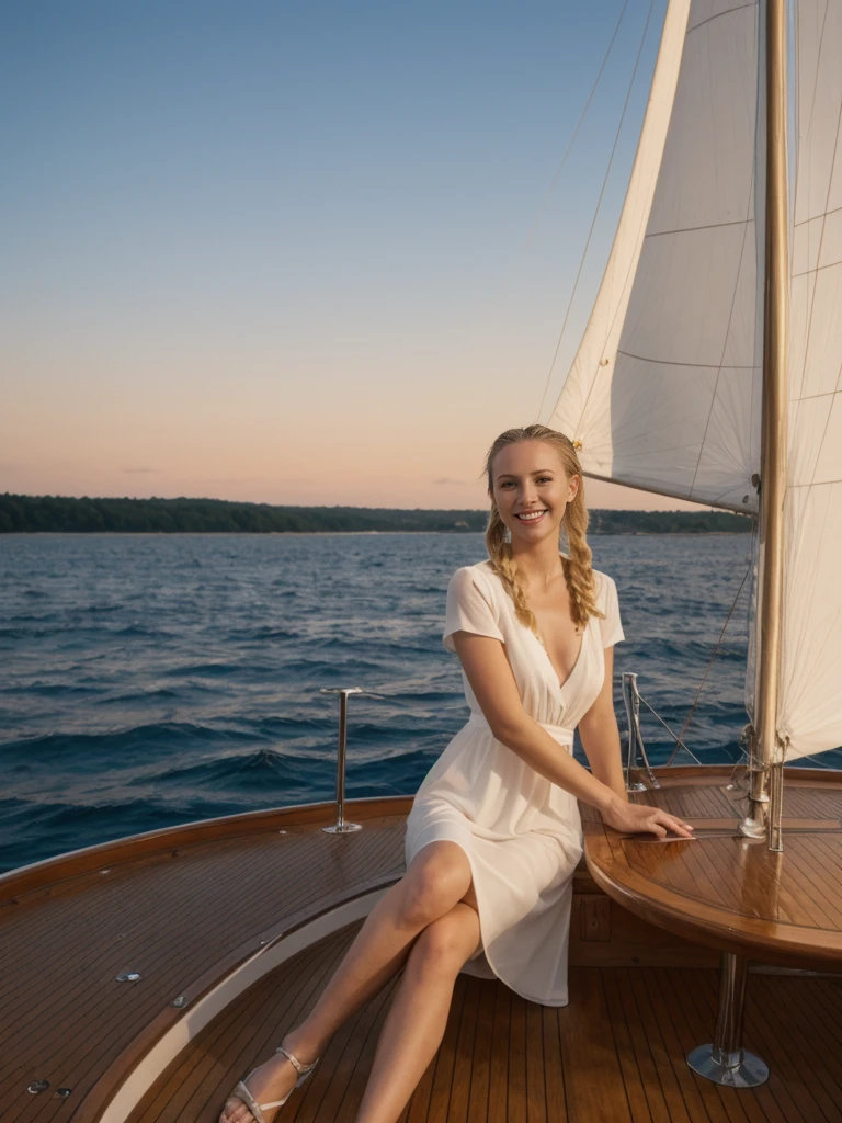 solo, realistic, photorealistic, natural lighting, (large forehead, (((Latvian woman))), (((Latvian nose))), (((Latvian eyes))), (((blonde))), (((braids))), (((Latvian face))), (((Latvian lips))), (((Latvian body))), (((fair complexion))) smiling, wearing Dress, cleavage, pose: sitting, background: Under a canopy of stars, a classic sailing yacht glides gracefully through moonlit waters. Wooden decks and brass fittings evoke a sense of timeless sophistication. Guests relax with cocktails in hand, serenaded by the gentle lapping of waves and the occasional rustle of sails.
