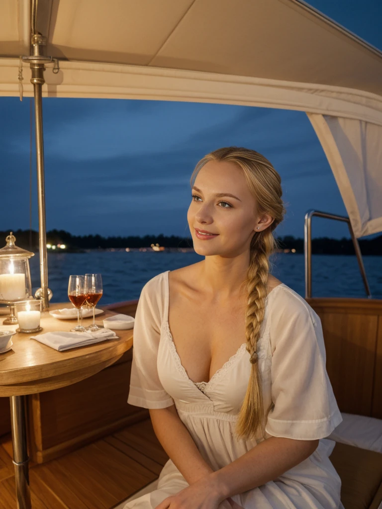 solo, realistic, photorealistic, natural lighting, (large forehead, (((Latvian woman))), (((Latvian nose))), (((Latvian eyes))), (((blonde))), (((braids))), (((Latvian face))), (((Latvian lips))), (((Latvian body))), (((fair complexion))) smiling, wearing Dress, cleavage, pose: sitting, background: Under a canopy of stars, a classic sailing yacht glides gracefully through moonlit waters. Wooden decks and brass fittings evoke a sense of timeless sophistication. Guests relax with cocktails in hand, serenaded by the gentle lapping of waves and the occasional rustle of sails.
