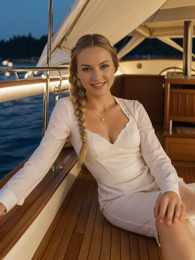 solo, realistic, photorealistic, natural lighting, (large forehead, (((Latvian woman))), (((Latvian nose))), (((Latvian eyes))), (((blonde))), (((braids))), (((Latvian face))), (((Latvian lips))), (((Latvian body))), (((fair complexion))) smiling, wearing Dress, cleavage, pose: sitting, background: Under a canopy of stars, a classic sailing yacht glides gracefully through moonlit waters. Wooden decks and brass fittings evoke a sense of timeless sophistication. Guests relax with cocktails in hand, serenaded by the gentle lapping of waves and the occasional rustle of sails.