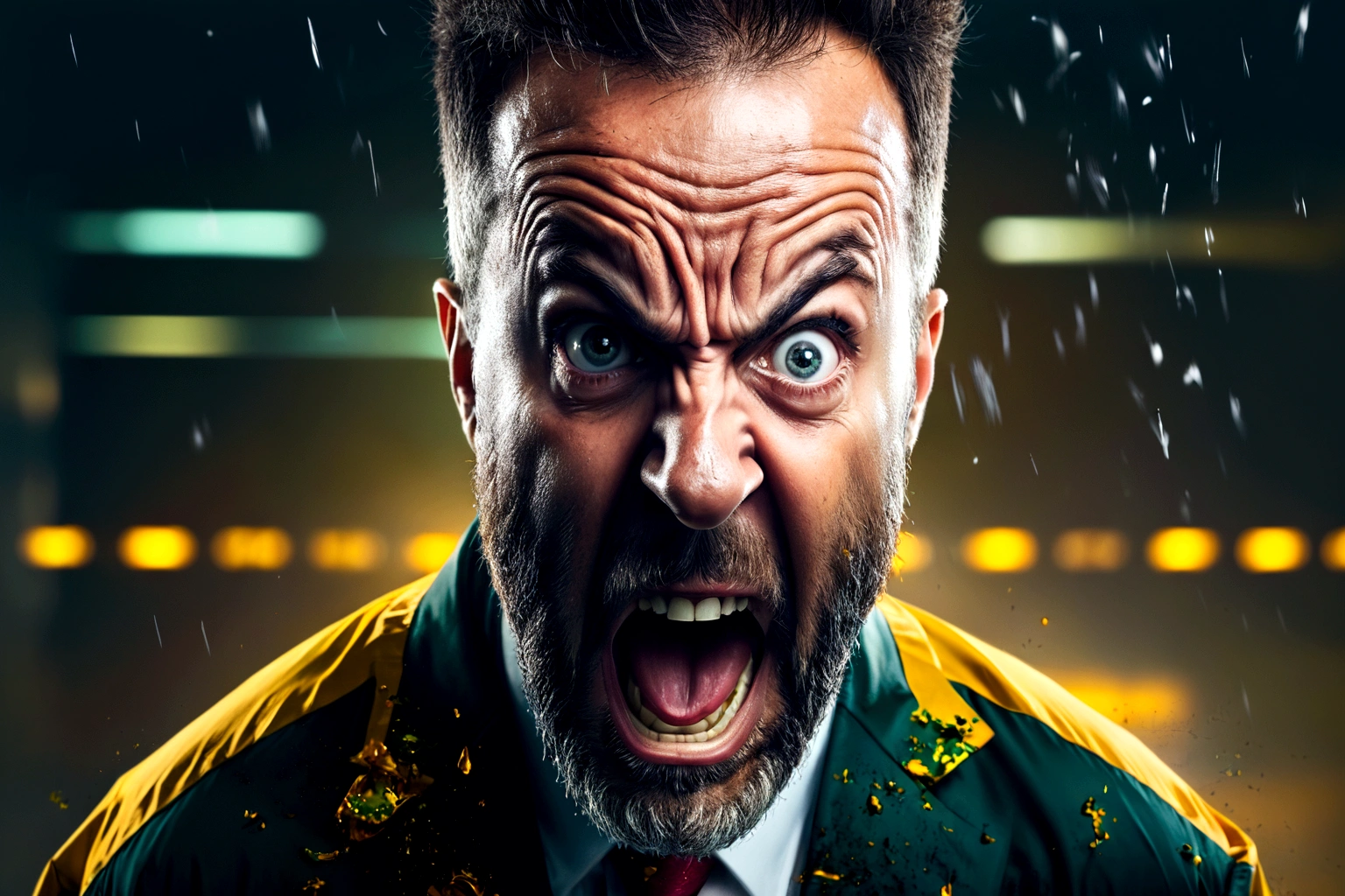 A white man of approximately forty-five years old, short black hair,sarcastic laughter, Looking towards the camera, striking look, dressed in a tailored suit against an apocalyptic backdrop.