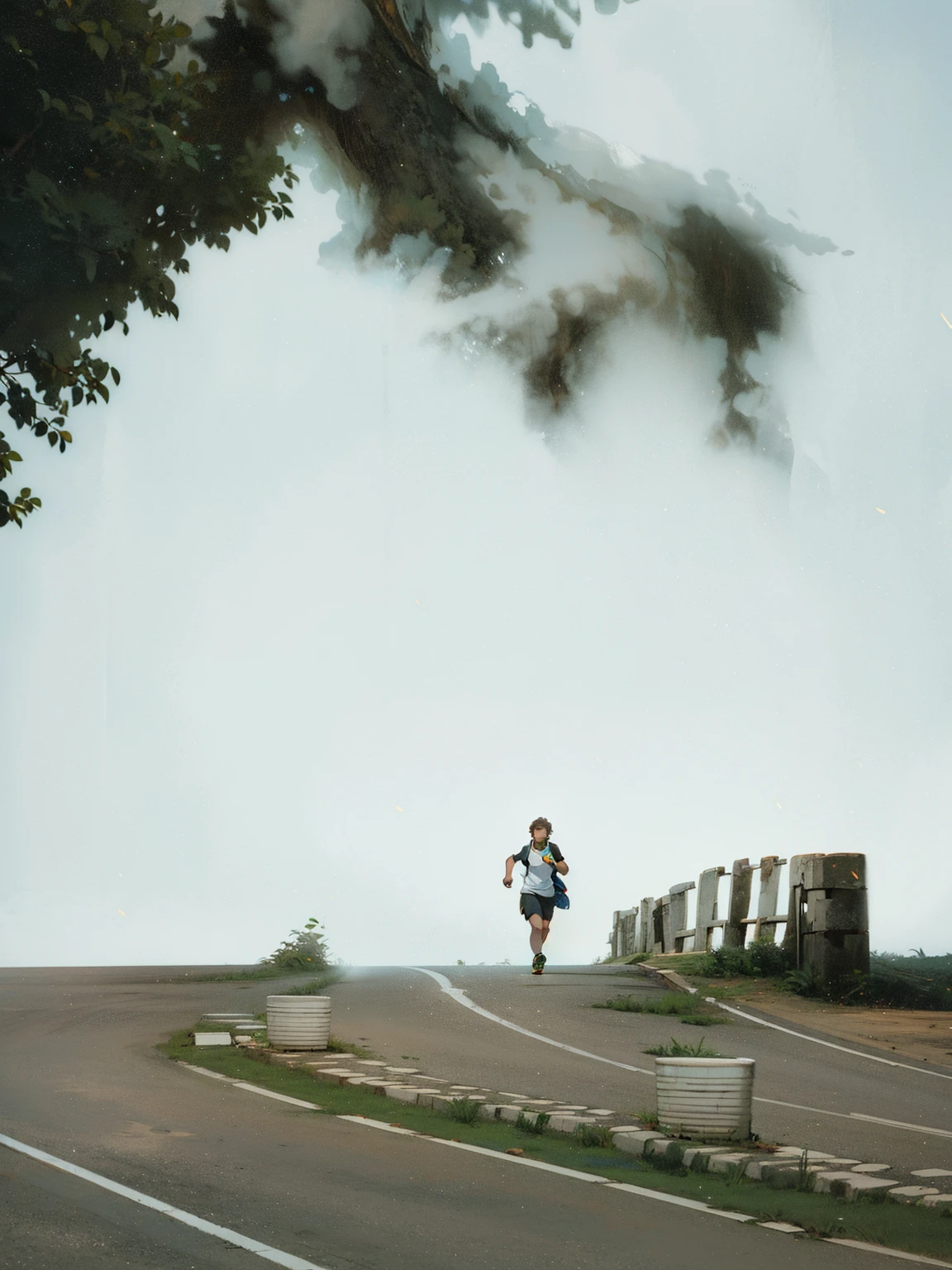 (extremely detailed CG unity 8k wallpaper), the most beautiful artwork in the world, runner, road and bridge, misty morning