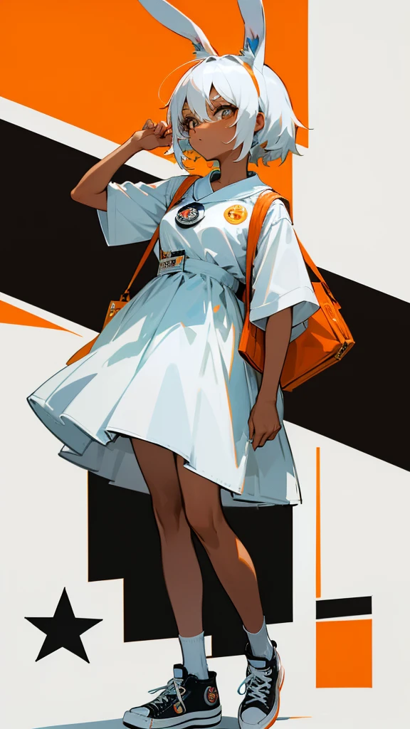 Bunny girl in a minimalist dress, korean style, orange shades, dark skin white hair, Converse sneakers, badge bag
