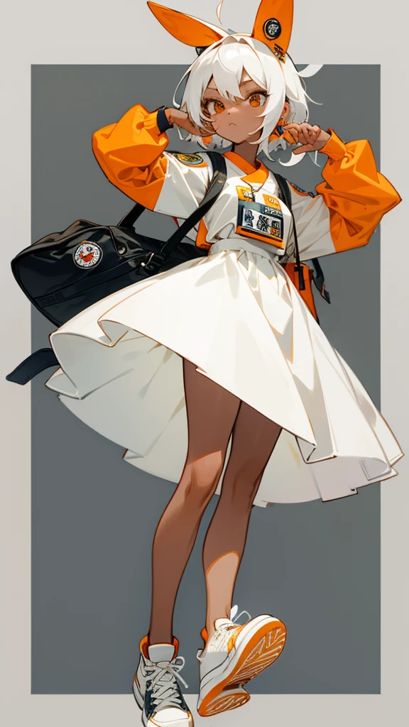 Bunny girl in a minimalist dress, korean style, orange shades, dark skin white hair, Converse sneakers, badge bag