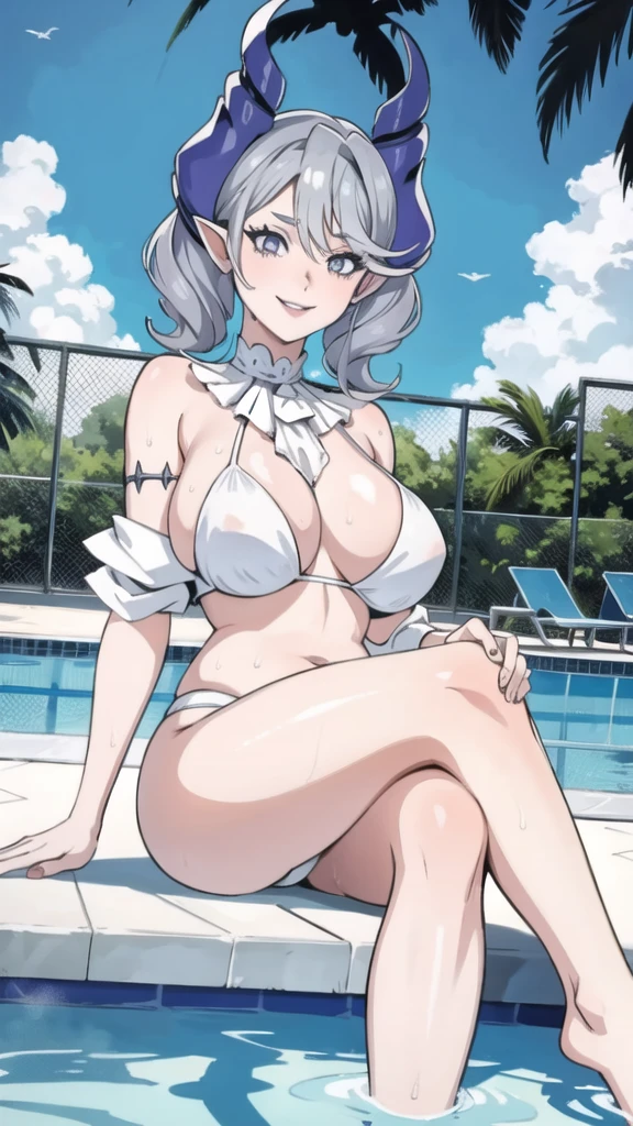 High level image quality best image quality 8K adult woman pool party rain palm trees more colors white body portrait bikini horn ears short hair((shortcut)(gray hair)(perm)(fluffy)) eye color is blue , , attractive evil face , smile , sexy pose , labrynth , barearm , wearing white shade shirt , sitting by the pool , crossed legs , all wet , view from below