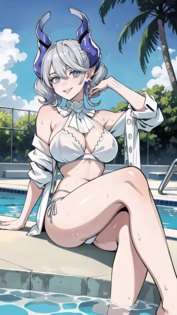 High level image quality best image quality 8K adult woman pool party rain palm trees more colors white body portrait bikini horn ears short hair((shortcut)(gray hair)(perm)(fluffy)) eye color is blue , , attractive evil face , smile , sexy pose , labrynth , barearm , wearing white shade shirt , sitting by the pool , crossed legs , all wet , view from below