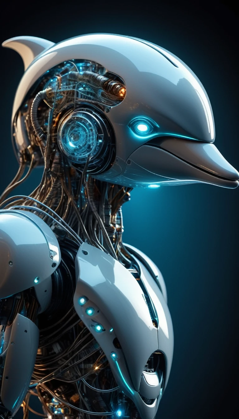 Translucent movie stills (Dolphin as a cybernetic robot:1.5), (Glowing Veins:1.3) (The cable enters the body, circuit:1.3), Very detailed, Vignette, Very detailed, High budget, Bokeh, Sulky, amazing, nice, Film Grain, granular