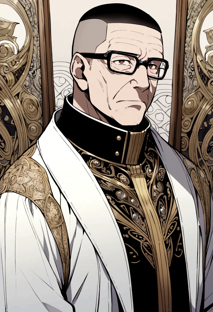 60 year old man with crew cut, brown eyes, black glasses, black high collar long sleeve shirt, white jacket, principal
