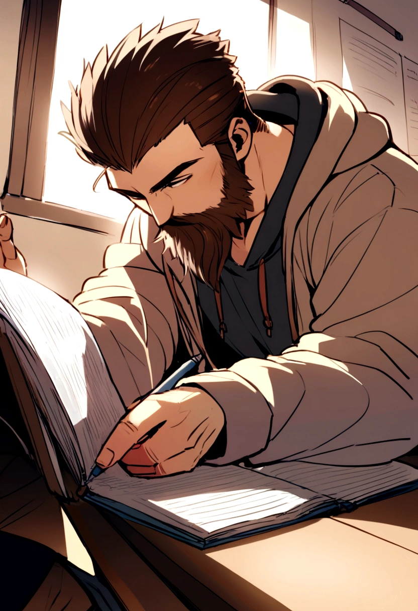 guy with mid long brown wolfcut hair, with a brown and big beard studying, wearing a hoodie