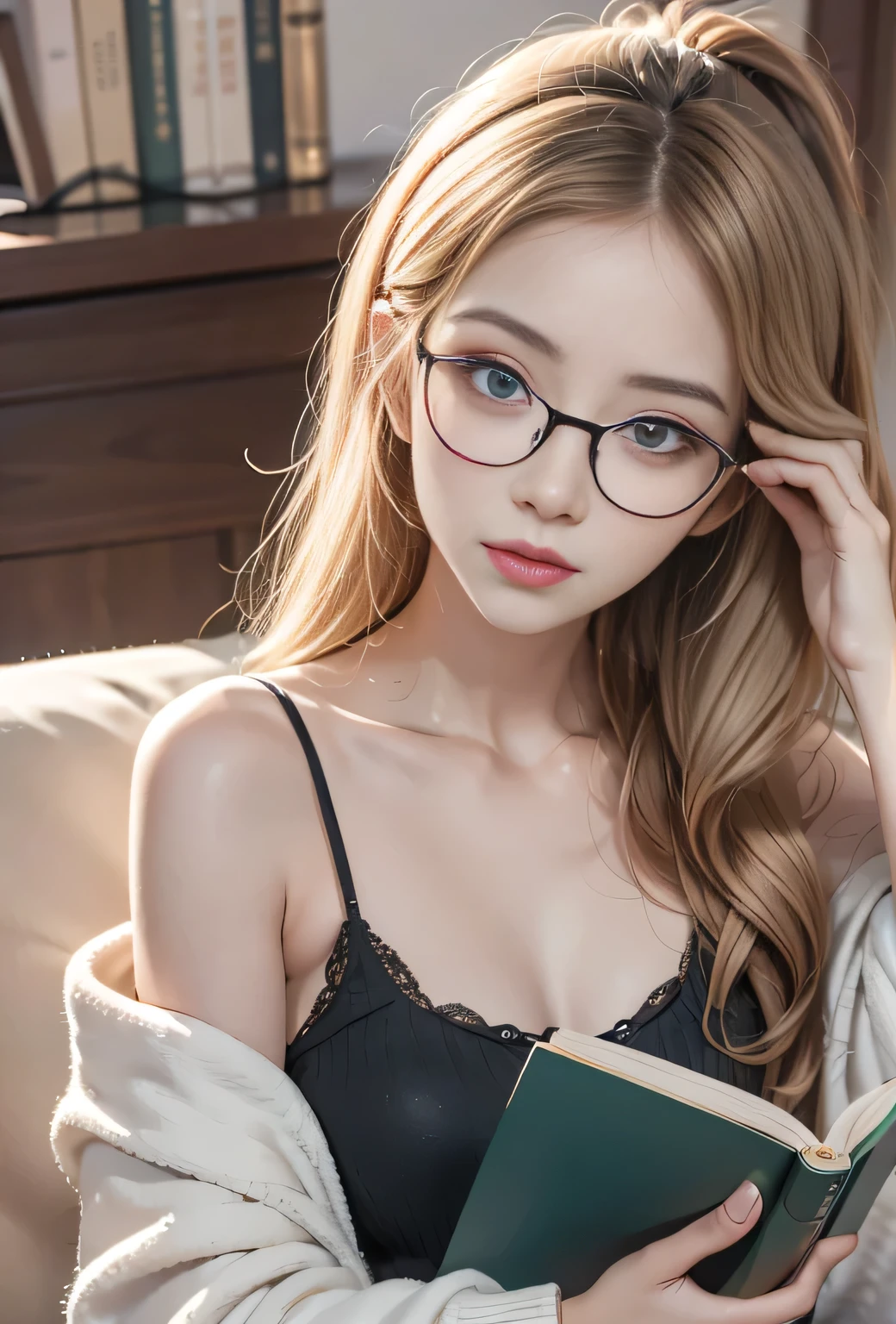 blond woman wear glasses reading a book while laying on a couch, girl wearing Round glasses, 厚Round glasses, big Round glasses, Round glasses, thin Round glasses, wearing small Round glasses, wear glasses, wearing Round glasses, wearing thin large Round glasses, Korean Girl, girl wear glasses, wearing black glasses, Thick glasses, Ulzan, Round glasses