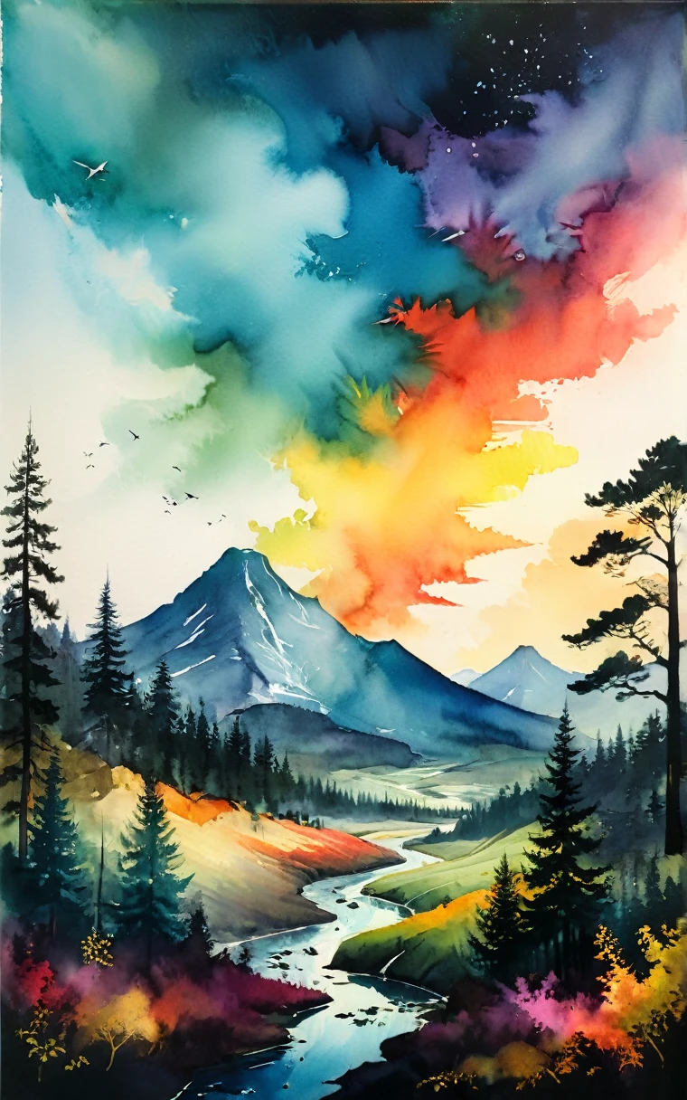 Cubist inspiration, A landscape represented with planes and flat colors. The landscape could show a field, forest or city, and flat planes and colors could be used to create a sense of depth and perspective, surrealism, aesthetic, bold gorgeous colours, high definition, super clear resolution, iridescent watercolor ink, acid influence, fantastic view, crisp quality, complex background, medium: old film grain, tetradic colors, golden hour, rust style, vantablack aura, golden ratio, rule of thirds, cinematic lighting Dark realism and magical. Complementary poisonous colors with deep zoom Memphis style abstract bokeh background with deep zoom