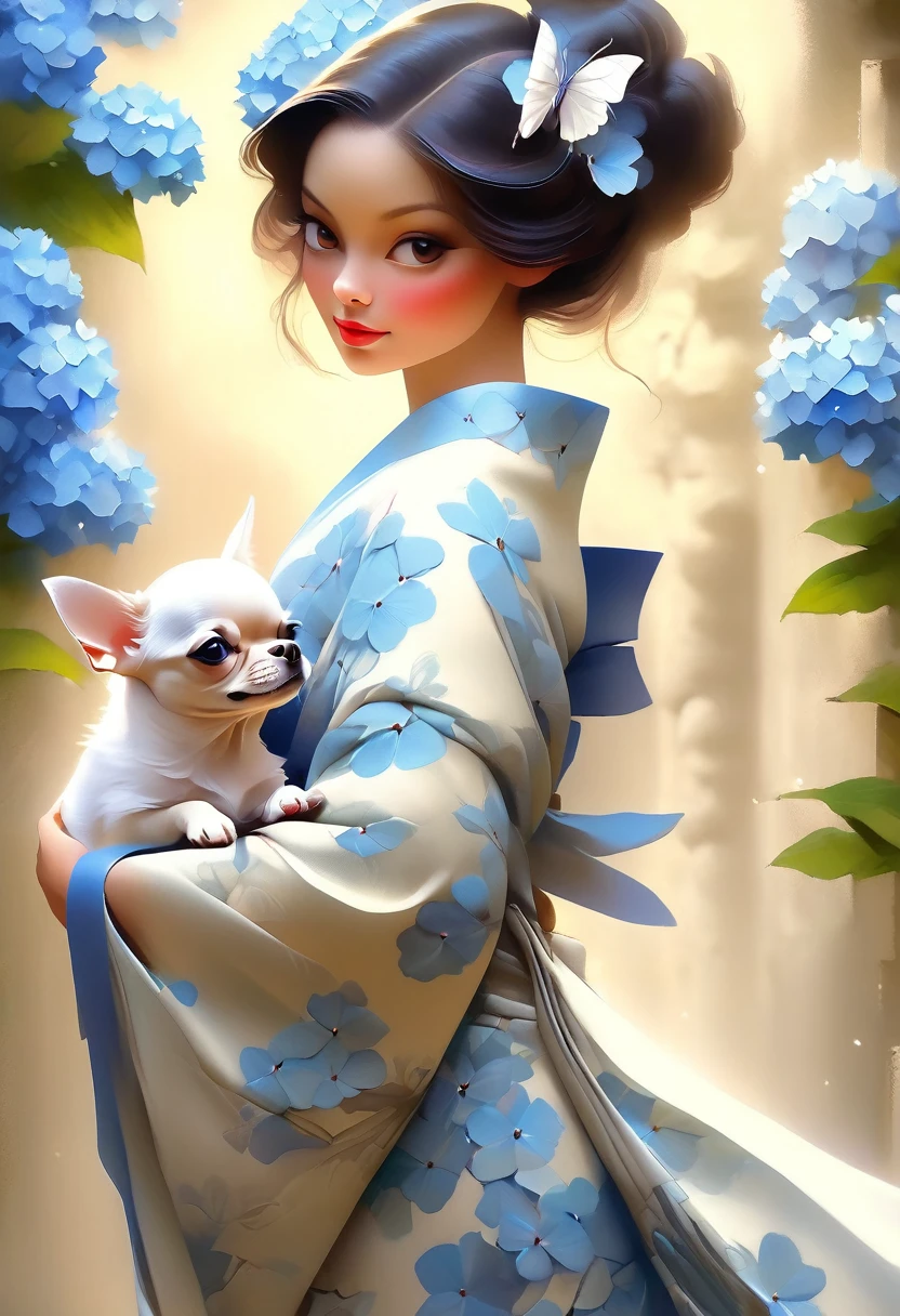 A beautiful woman in a kimono decorated with blue hydrangea flowers stands like a beautiful model、Holding a small chihuahua,,whole body,Butterflies fluttering,Hydrangea flowers with a valley in the background, Background number 28,Beautiful digital illustrations, Beautiful artwork illustration, Amazing digital illustrations, Beautiful digital artwork,  Amazing digital art, Exquisite digital illustrations,  Beautiful digital art, beautiful Amazing digital art, very Beautiful digital art, Beautiful fantasy art
