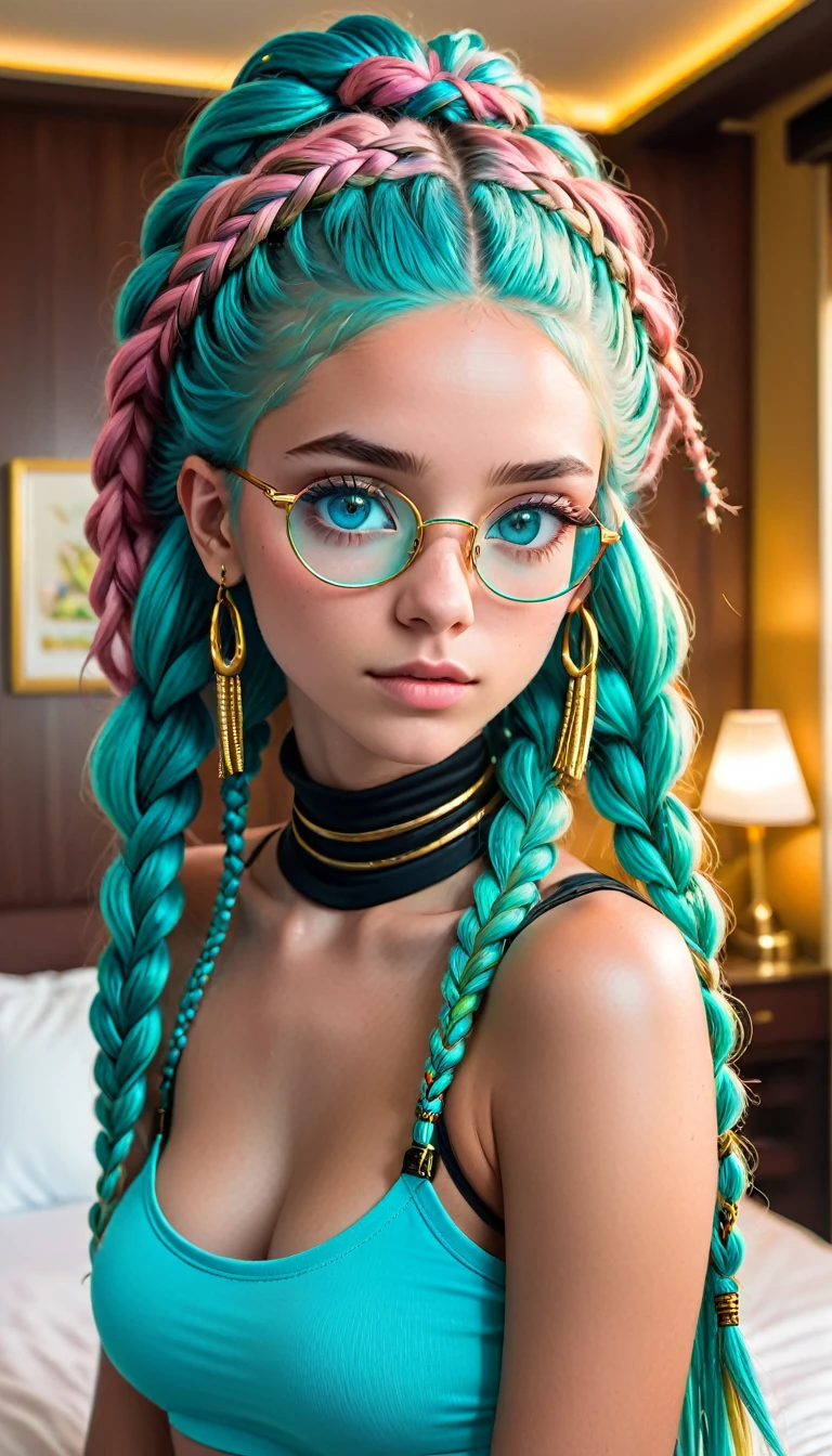 1girl,blue hair,blue eyes,long hair,black choker,pink glasses,blue crop top,gold bracelet,short shorts,looking at viewer,hotel room,upper body,,((Golden ratio face)) ((Bright light aqua eyes)), ((ultra detailed eyes)), ((thin small african dreadlock braids)),,((Golden ratio face)) ((Bright light aqua eyes)), ((ultra detailed eyes)), ((thin small  dreadlock braids)), 