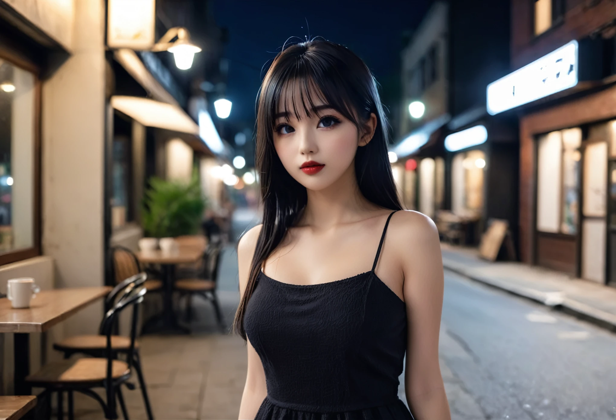 a girl，cute and pretty face，Long straight black hair，Long bangs covering eyes，long eyelashes，(Fine eyes)，small eyes，(half-closed eyes)，(Dark lipstick)，(Dark eyeshadow)，Slim body，Large breasts，Slender limbs，spaghetti strap dress，outside an old coffee shop，night，clean focus，shallow Depth of Field，Ultra-detailed faces，very beautiful face，Extremely high texture skin，Look to viewer，little smirk，beautiful legs，seductive，femainine pose，(realistic ，realistic-photo，RAW photo，8K original)，lens flare，film grain，artistic photography，UHD，highres，masterpiece，retina，