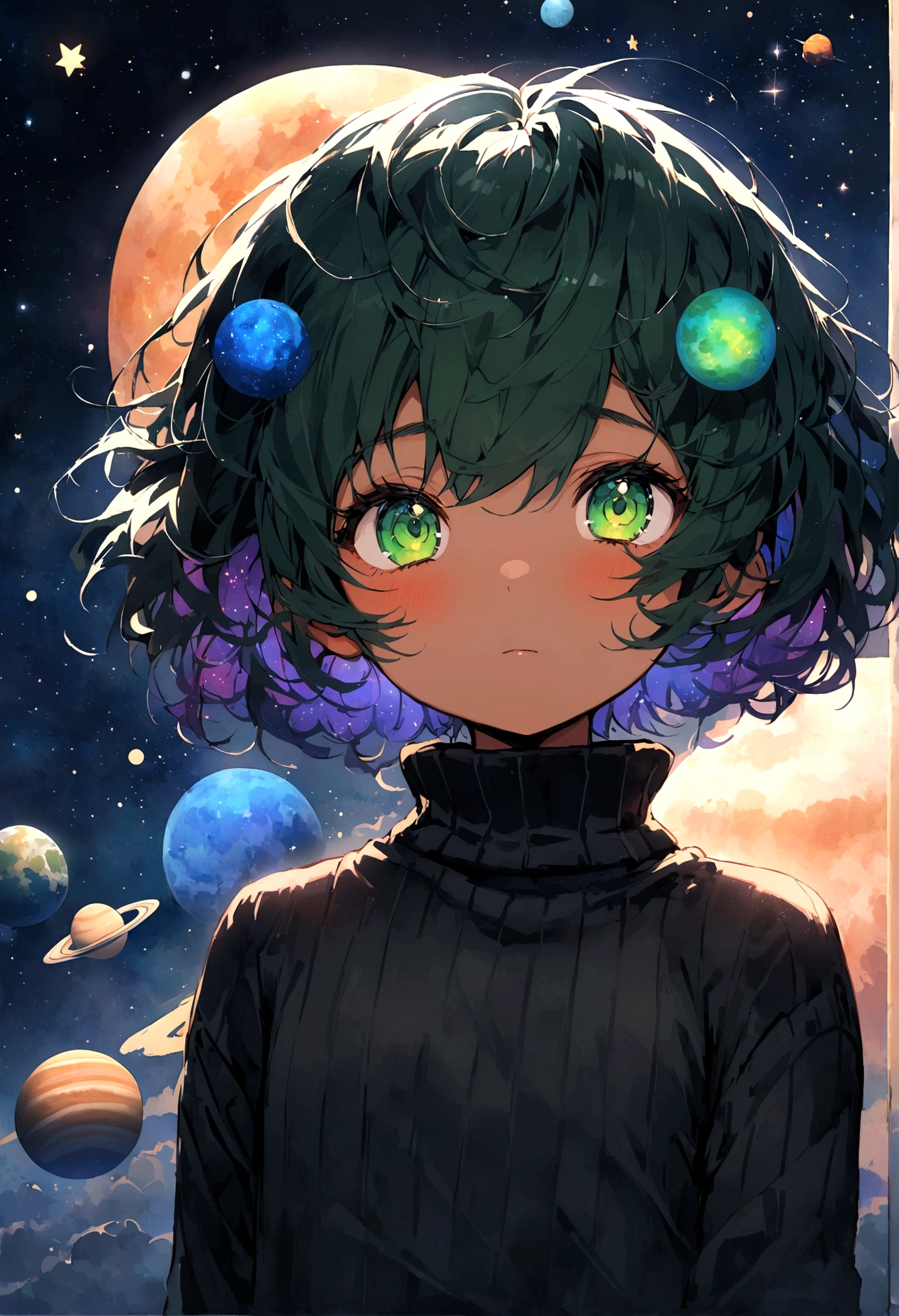 Sky, it's night, the night is full of stars, there are planets in the sky, bright colors, Incredible details, Loli, short hair, galaxy hair, green eyes, tanned, black sweater,