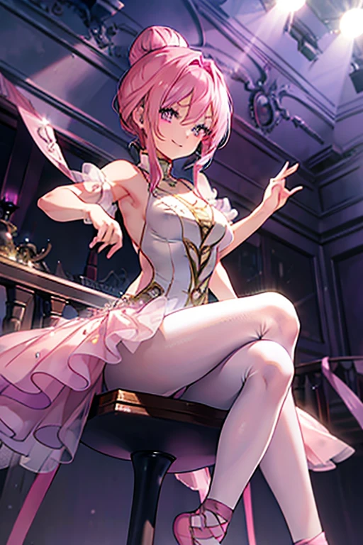 A pink haired woman with violet eyes with an hourglass figure in a ballet uniform with her hair in a bun is sitting on the stage with a big smile