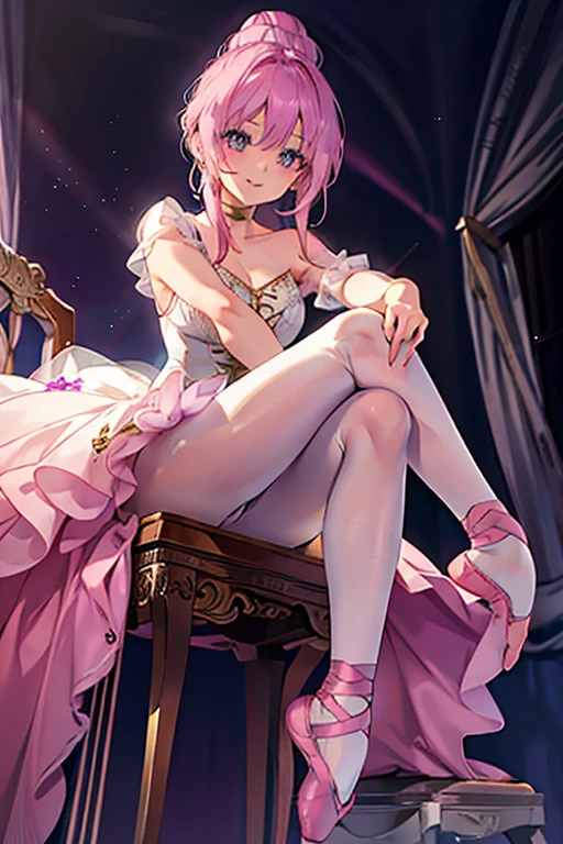 A pink haired woman with violet eyes with an hourglass figure in a ballet uniform with her hair in a bun is sitting on the stage with a big smile