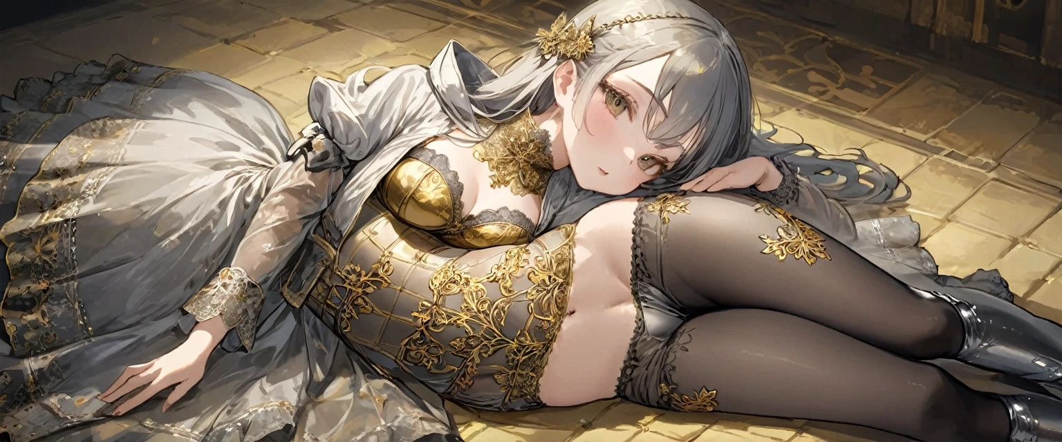 Medieval１People Girls、 Gold and silver embroidery、In underwear、Knee-length semi-transparent bloomers（With gold and silver lace）Wearing、Wearing a semi-transparent corset、 Grey translucent tights、Lying down