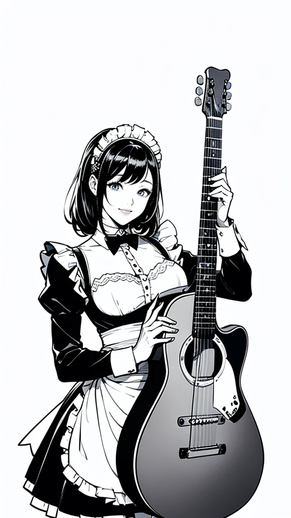 (masterpiece:1.2, Highest quality),(Line art),(Monochrome),(Very detailed),8K,wallpaper,1 female,Cute face,smile,((Maid in a maid café)),((betterhand)),Random hairstyle,Random pose,Beautiful female hands,((lineart, monochrome)),BREAK(((maid cafe))),(((playing guiter))),((a girl in gothic costume standing))