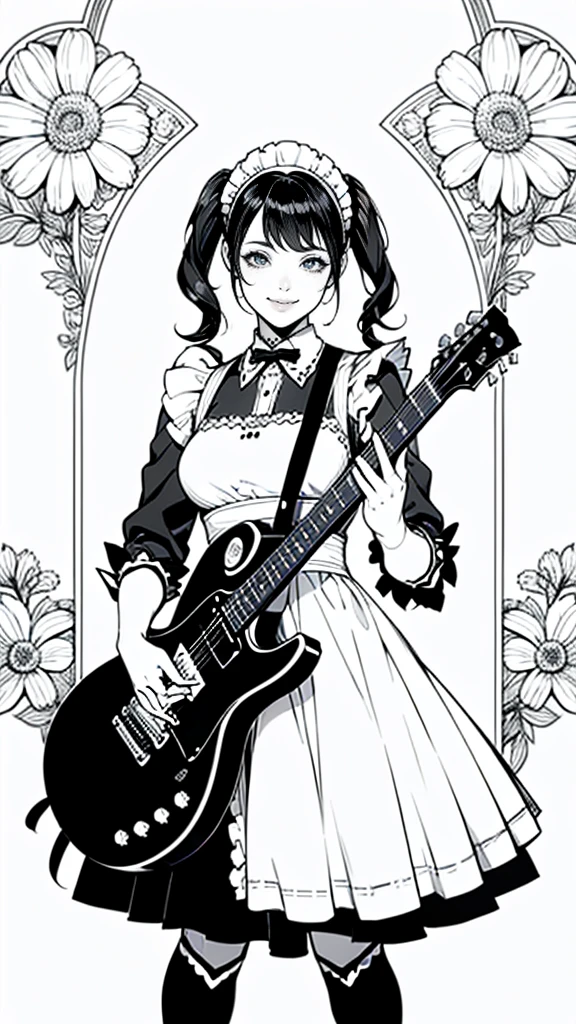 (masterpiece:1.2, Highest quality),(Line art),(Monochrome),(Very detailed),8K,wallpaper,1 female,Cute face,smile,((Maid in a maid café)),((betterhand)),Random hairstyle,Random pose,Beautiful female hands,((lineart, monochrome)),BREAK(((maid cafe))),(((playing guiter))),((a girl in gothic costume standing))