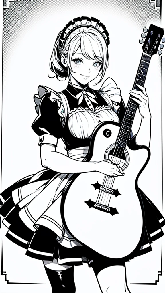 (masterpiece:1.2, Highest quality),(Line art),(Monochrome),(Very detailed),8K,wallpaper,1 female,Cute face,smile,((Maid in a maid café)),((betterhand)),Random hairstyle,Random pose,Beautiful female hands,((lineart, monochrome)),BREAK(((maid cafe))),(((playing guiter))),((a girl in gothic costume standing))