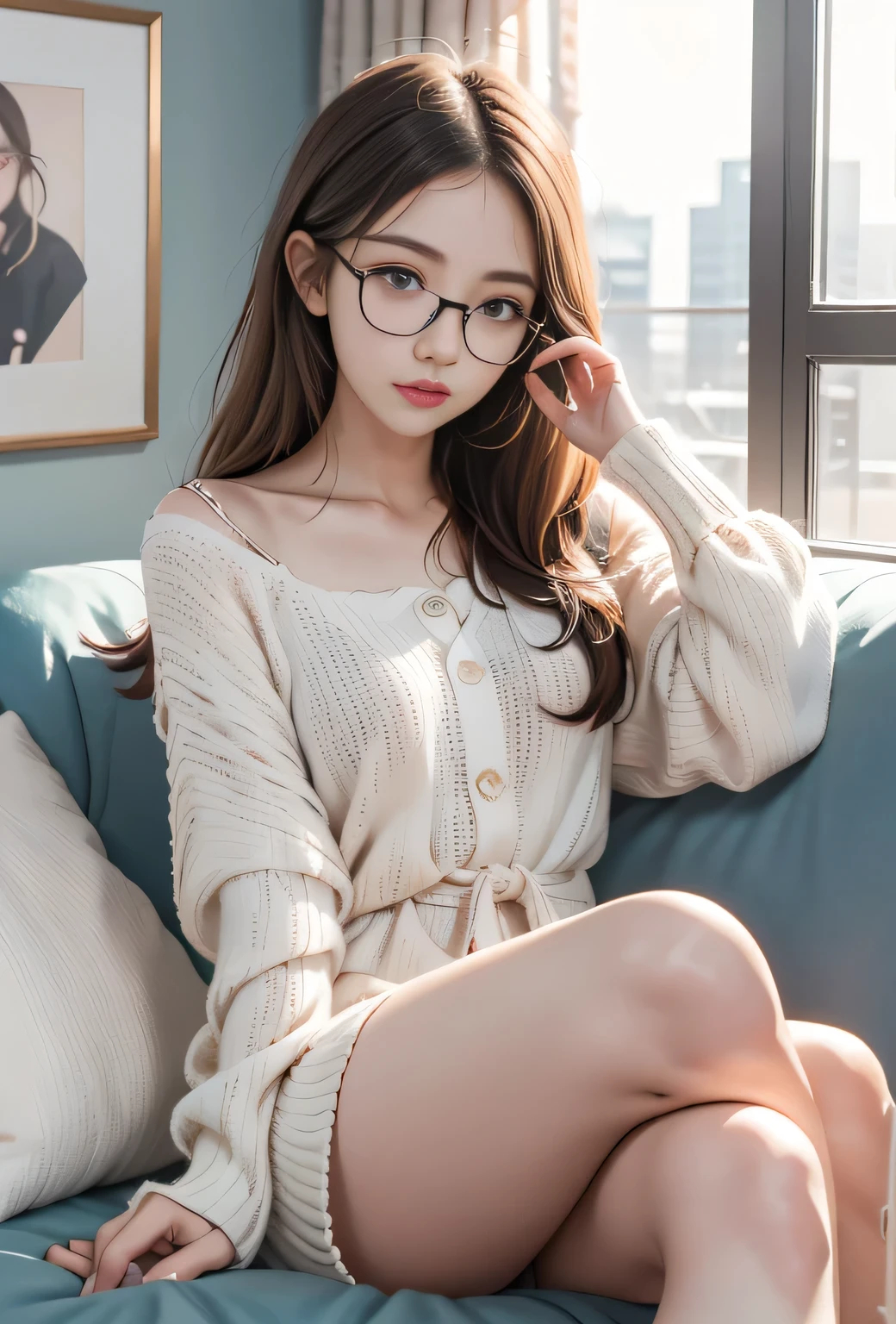 blond woman wear glasses reading a book while laying on a couch, girl wearing Round glasses, 厚Round glasses, big Round glasses, Round glasses, thin Round glasses, wearing small Round glasses, wear glasses, wearing Round glasses, wearing thin large Round glasses, Korean Girl, girl wear glasses, wearing black glasses, Thick glasses, Ulzan, Round glasses