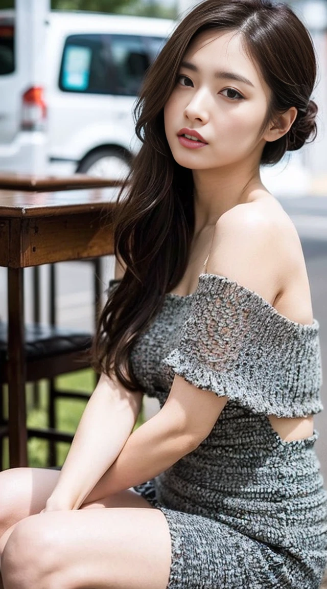 Dark brown hair、Light brown eyes、Japanese actress、 Lady、I am about 40 years old...、(Intricate details:1.2)、(Which is the top???:1.4)、 (Ultra-high resolution:1.2)、Ultra-high resolution、(Finely tuned)、(Detailed facial features)、Hmph、8K resolution、D cup size breasts、Long Hair、Updostyle, Updo、Hair Bun、1 Girl, A look of deep sadness, (Very detailed美しい顔), (blackのカットソーキャミソール:1.5),black Tight-fitting shorts、 (Bare shoulders:1.3), (Highest quality:1.4), (Very detailed)、Beautiful white skin, Top View、 Spread your legs wide, Open your mouth a little、I can see your feet、Pose of Weakness、Obscene pose、Street fashion、Very sandals、