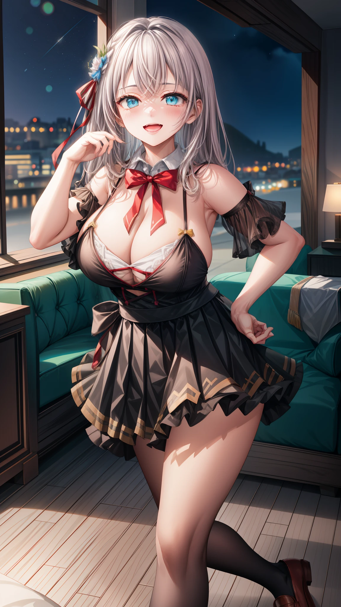 Alisa Kujou,
(night:1.7), 1 girl standing at attention, 22 years,young female,beautiful Finger, beautiful long legs ,beautiful body ,beautiful Nose ,beautiful character design, Perfect eyes, perfect face,
There is an anime girl., 1 girl, thighs, Alone, (very short skirt:1.4), Blue eyes, old, black dress ,elegant , long socks (short dress) , neckline, bow, hand on hip, blush, black thighs, bowtie, inside, brown shoes, The Great Passage, moccasins, Shoes, large old, looking at the viewer, take half distance, close up shot of open mouth, thighs, bikini blue, (((medium breasts)))
looking at the viewer, smile, greeting the viewer, In the center of the image, Fondo de pantalla CG unity 8K extremadamente detallado, Perfect lighting,showy, bright_forehead_face_Lightinasterpiece:1.0),(better_quality:1.0), ultra high resolution,4k,ultra detailed,
Photography, 8K, HDR, high resolution, absurdities:1.2, codas portrait, film grain, blurred background, bokeh:1.2, Lens flare, (Vibrant_Color:1.2)
, (beautiful_face:1.5),(narrow_waist), (beautiful,huge_old:1.3)