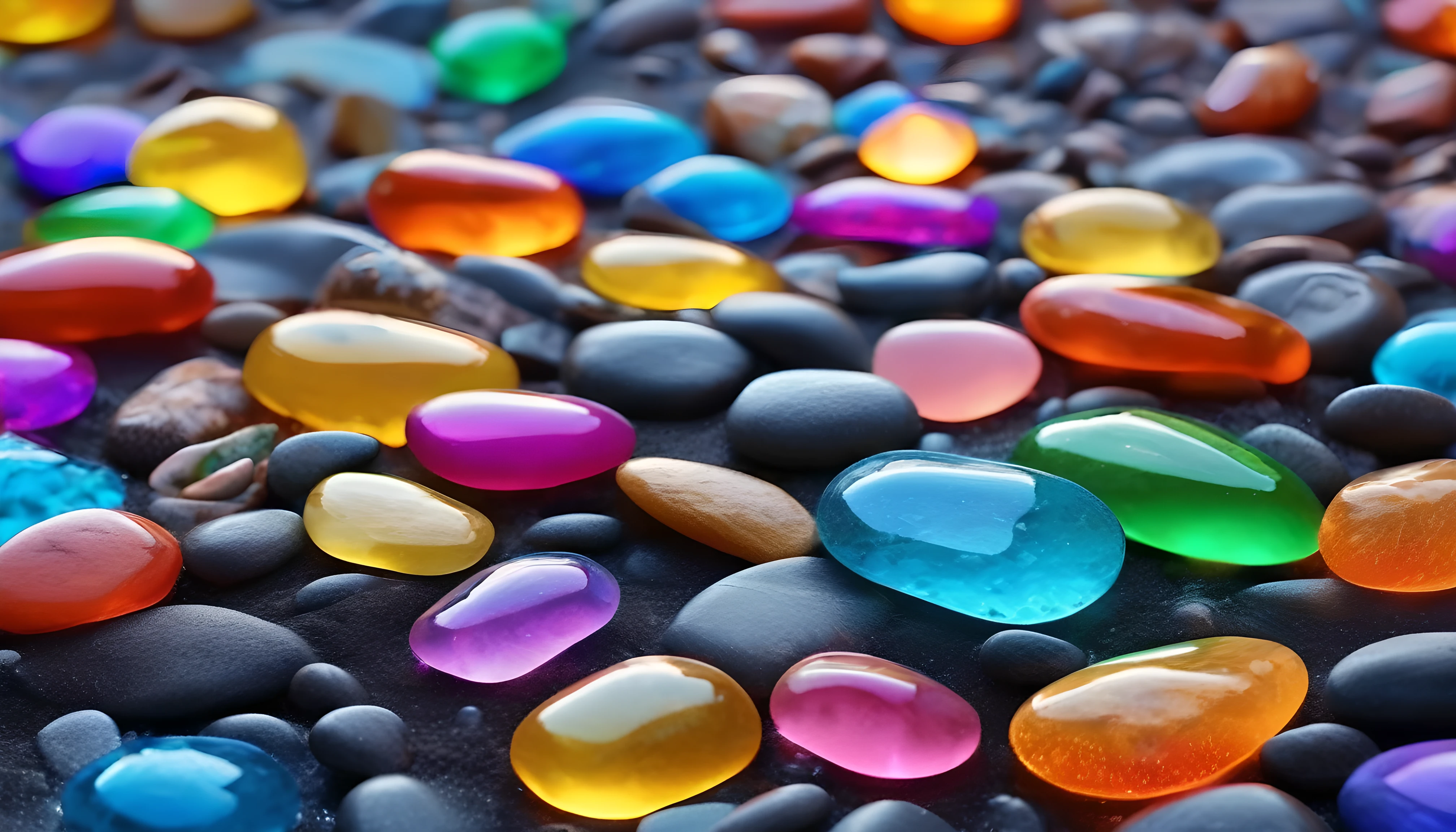 8k wallpaper,Rainbow Colors,Crystal clear pebbles,Beach,Glowing Pebbles,Fantastic lighting,Textured pebbles