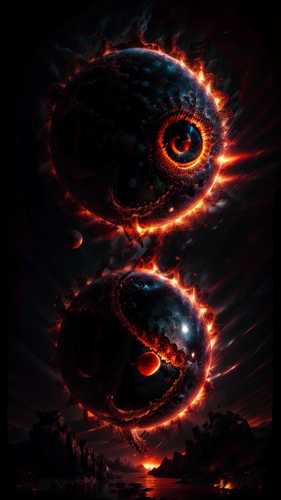 arafed, high details, best quality, 16k, [ultra detailed], masterpiece, best quality, (extremely detailed), dynamic angle, ultra wide shot, RAW, photorealistic, a extreme magnified picture of (1) fiery eye of a black devil, red iris, a full black moon, round moon being reflected on the iris, 3D rendering, [[anatomically correct]] zrpgstyle