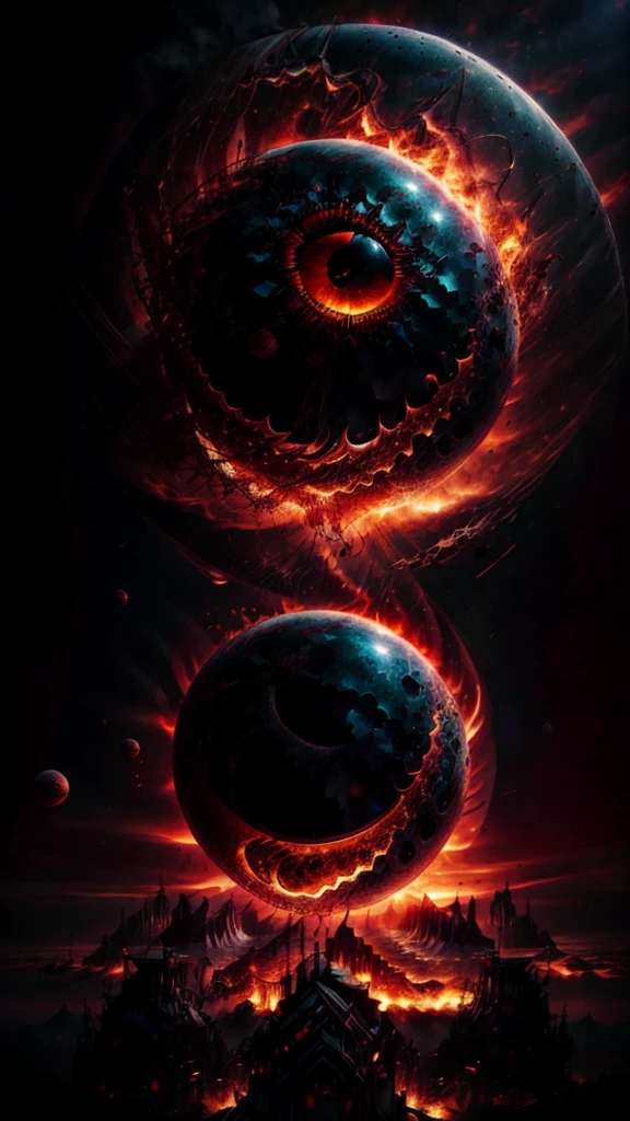 arafed, high details, best quality, 16k, [ultra detailed], masterpiece, best quality, (extremely detailed), dynamic angle, ultra wide shot, RAW, photorealistic, a extreme magnified picture of (1) fiery eye of a black devil, red iris, a full black moon, round moon being reflected on the iris, 3D rendering, [[anatomically correct]] zrpgstyle