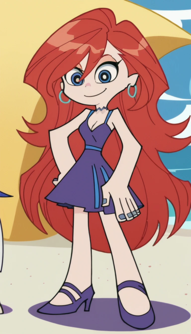 p&s style, rating_safe, score_10, sharp, anime screencap, flat shadows, flat colors, chelsea, 1girl, choker, smile, jewelry, very long red hair, standing, earrings, blue eyes, blue nails, white skin girl, little purple dress, short purple dress, cleavage, hoop earrings, beach background, ocean, blue skies, cowboy shot, purple high heels, Looking at viewers