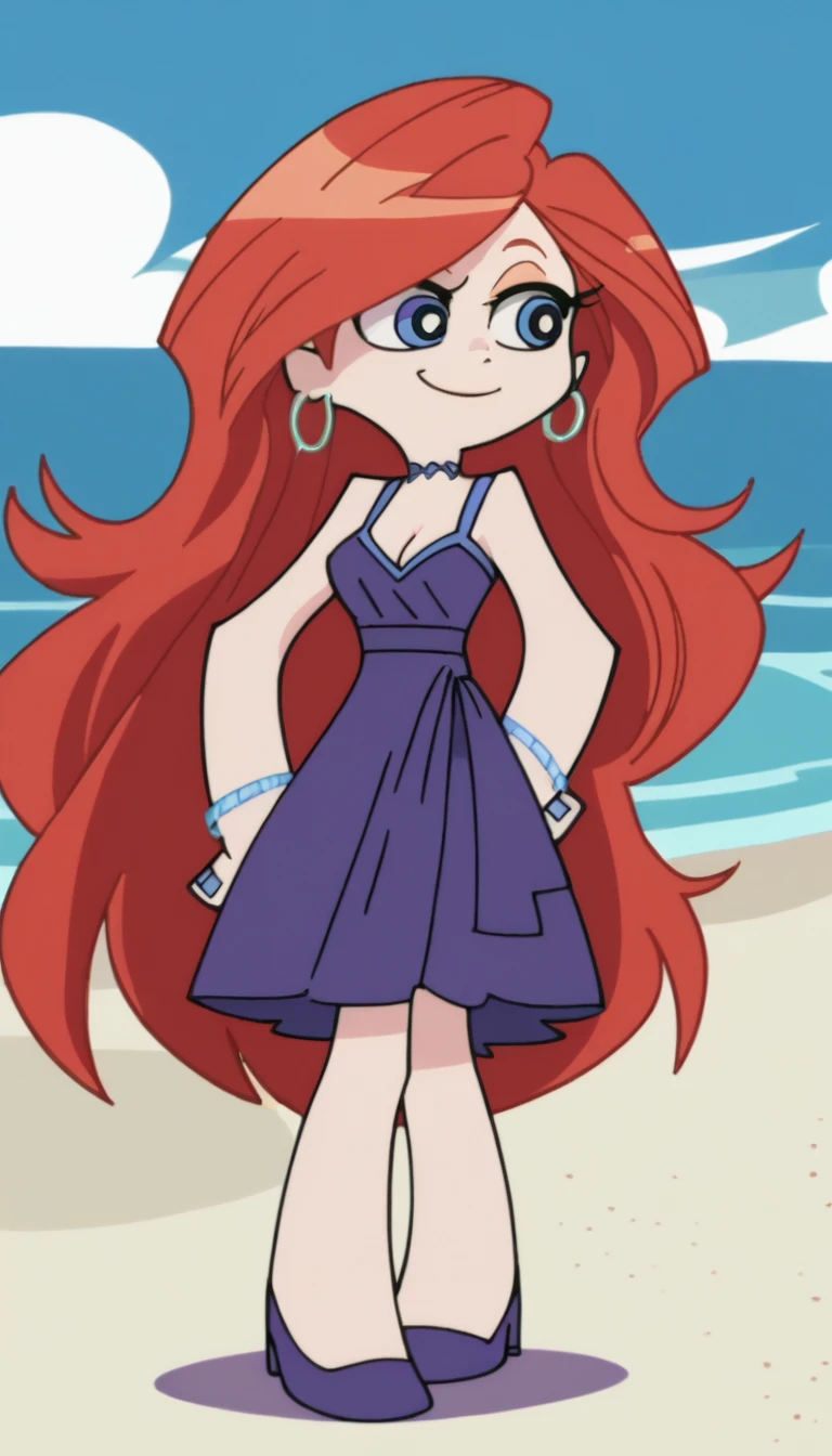 p&s style, rating_safe, score_10, sharp, anime screencap, flat shadows, flat colors, chelsea, 1girl, choker, smile, jewelry, very long red hair, standing, earrings, blue eyes, blue nails, white skin girl, little purple dress, short purple dress, cleavage, hoop earrings, beach background, ocean, blue skies, cowboy shot, purple high heels, Looking at viewers