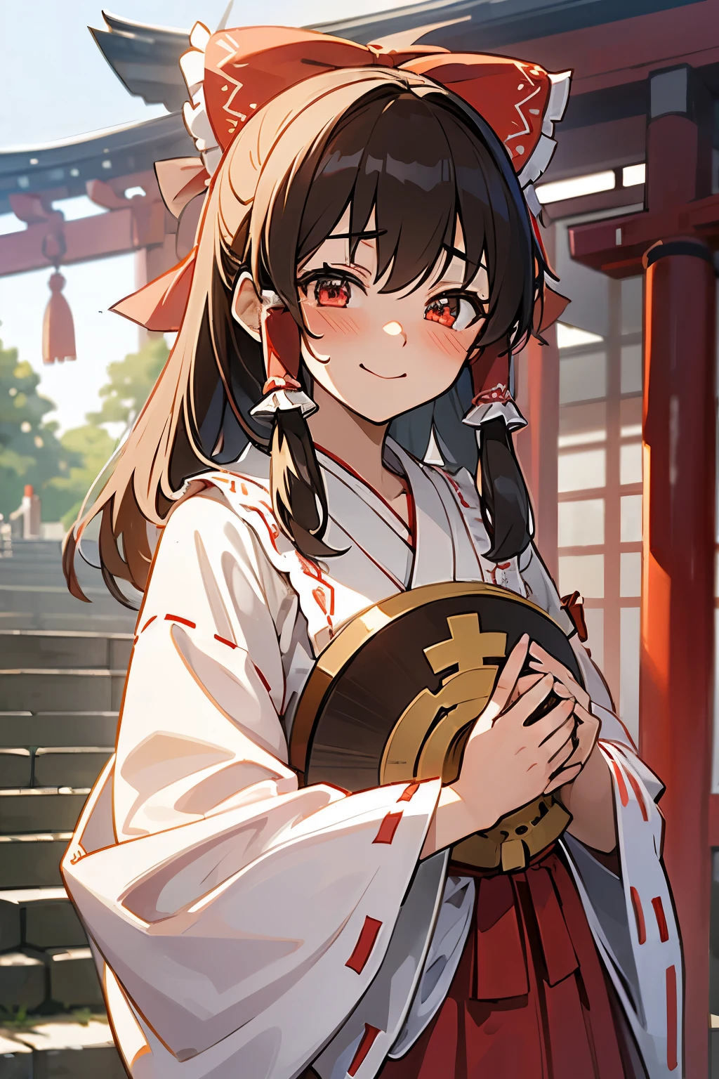 masterpiece, best quality, super detail, hakurei reimu, Shrine Maiden costume, shrine maiden, miko, embarrassing, (embarrassed smile), blush, detailed face, detailed eyes, (at the Shrine), (in front of crowd), bokeh, looking at viewer