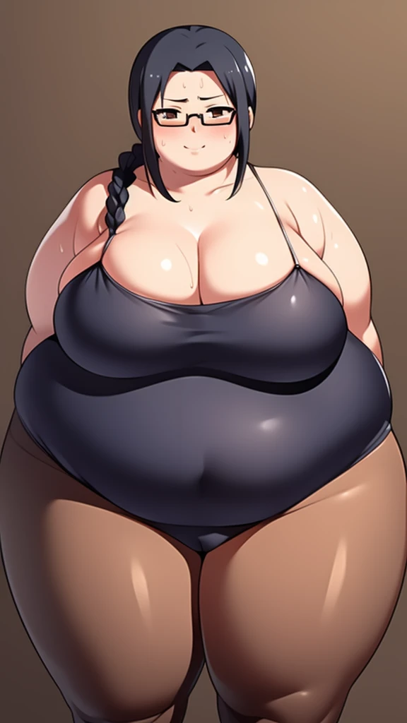 Anime Women, Lady、Black Hair, Forehead、Long braids、Glasses、Brown eyes、Are fat、Chubby、Sensual、obesity、Double chin、Cheek、Fatty neck、Big Breasts、Thick upper arms、tall、Unitard、tights、Gloss、Sweat、blush、Run