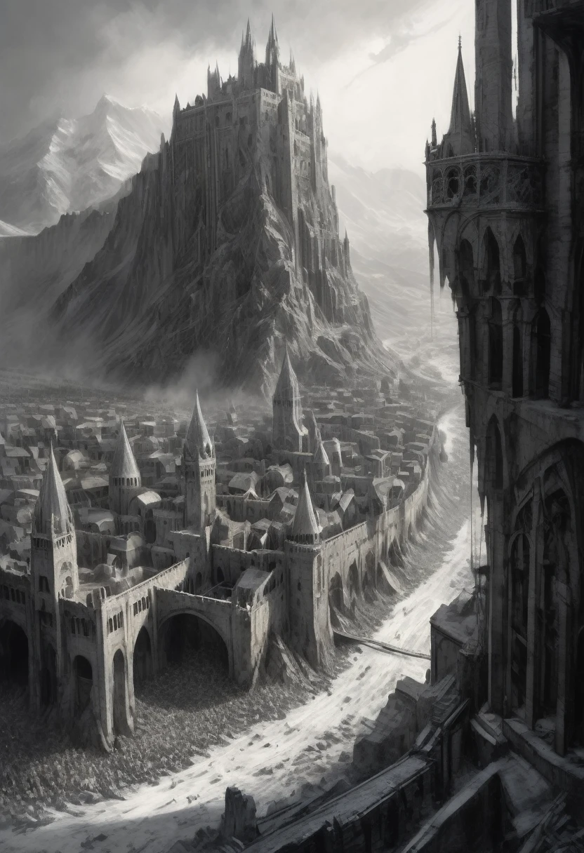 stunning black and white graphite sketch of the city of Minas Tirith during the Siege of Gondor , panoramic shot, from The Lord Of The Rings trilogy, in dynamic pose, by Anna Razumovskay, (by Alyssa Monks:1.1), by Joseph Lorusso, by Lilia Alvarado, beautiful lighting, sharp focus, 8k, high res, (pores:0.1), (sweaty:0.8), Masterpiece, Nikon Z9, Award - winning photograph, --ar 16:9 --style raw --stylize 750 --niji 6, perfect composition, beautiful detailed intricate insanely detailed octane render trending on artstation, 8 k artistic photography, photorealistic concept art, soft natural volumetric cinematic perfect, wide angle view